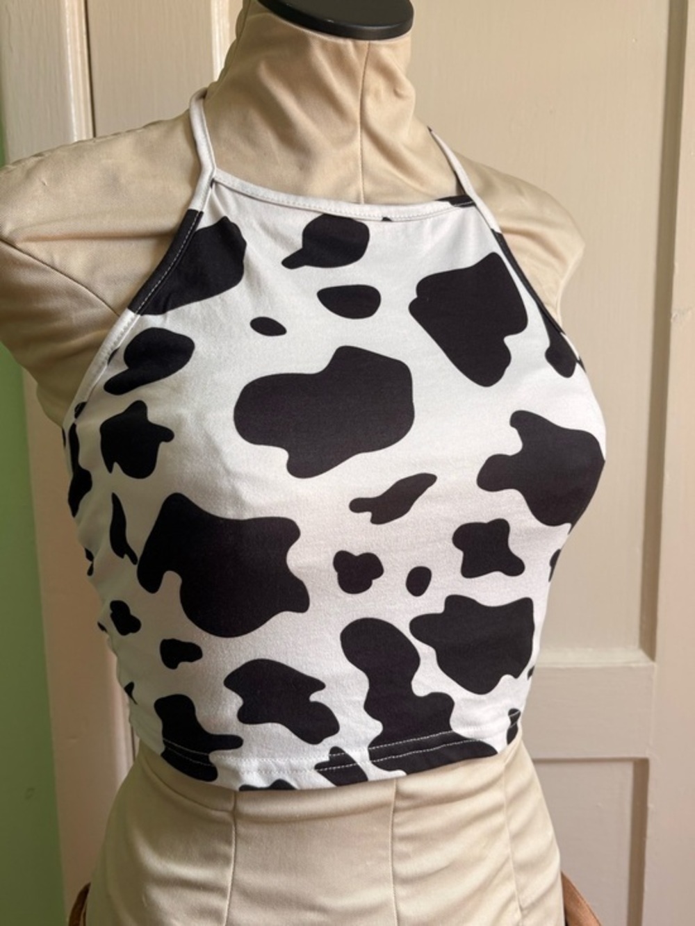 Black and White Cow Print Halter Crop Top